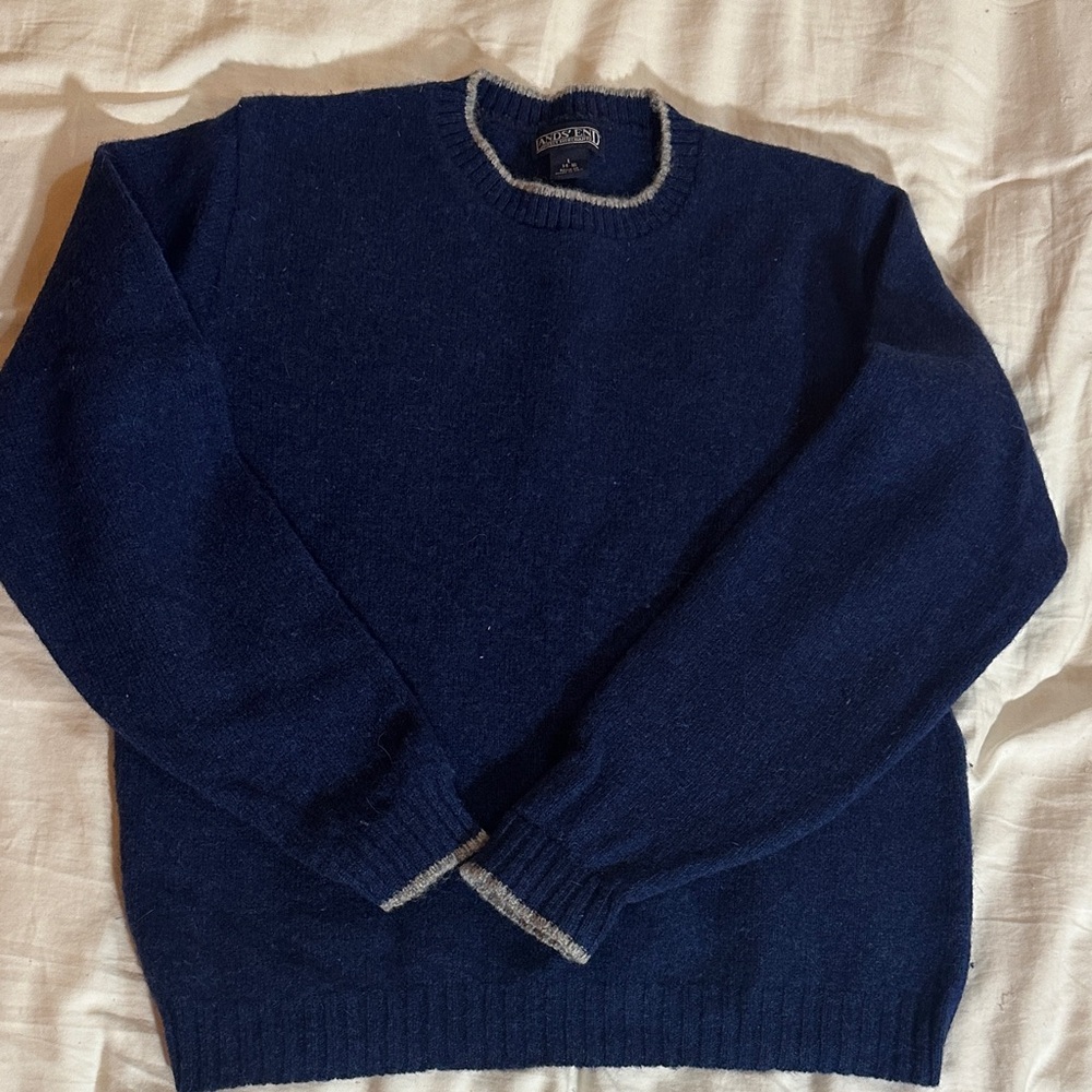 Vintage Lands' End Men's Blue Crewneck Wool Sweater